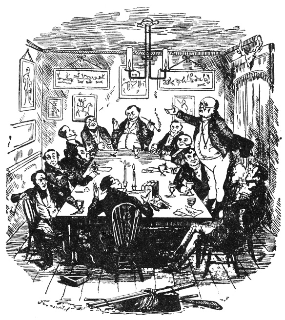 Иллюстрация Роберта Сеймура к первой главе 'Посмертных записок Пиквикского клуба'